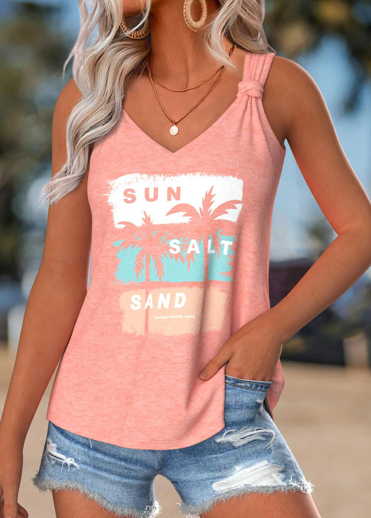 Tropical Plants Print Tummy Coverage Dusty Pink Tank Top