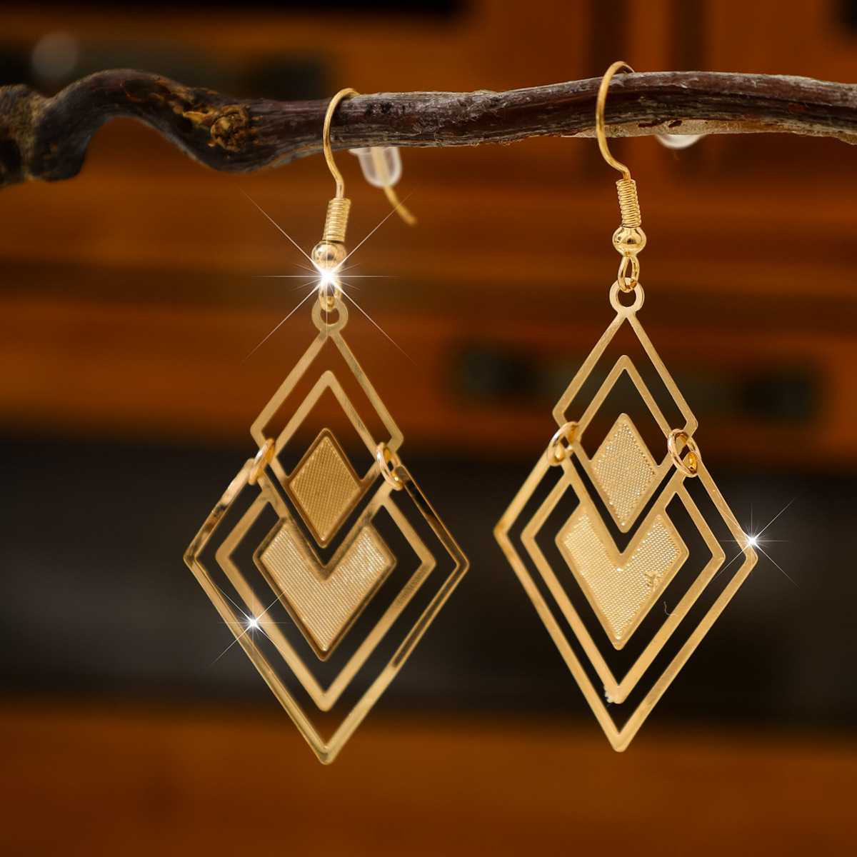 Golden Geometric Hollow Square Copper Earrings