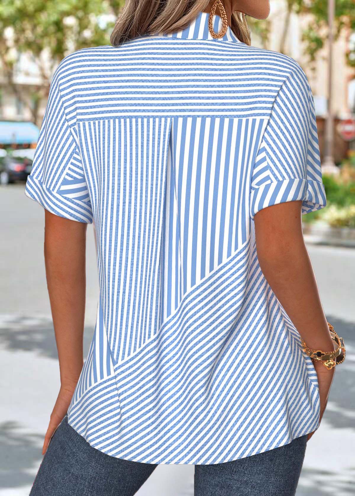 Striped Patch Pocket Light Blue Short Sleeve Shirt