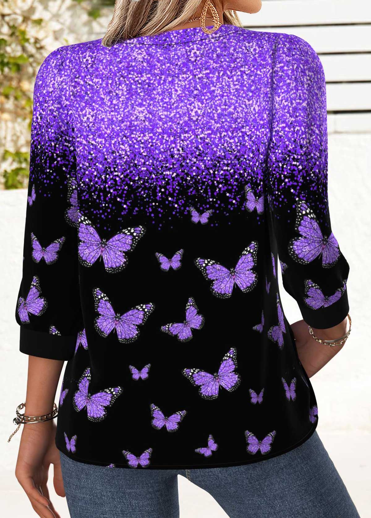 Animal Print Tummy Coverage Purple 3/4 Sleeve Blouse