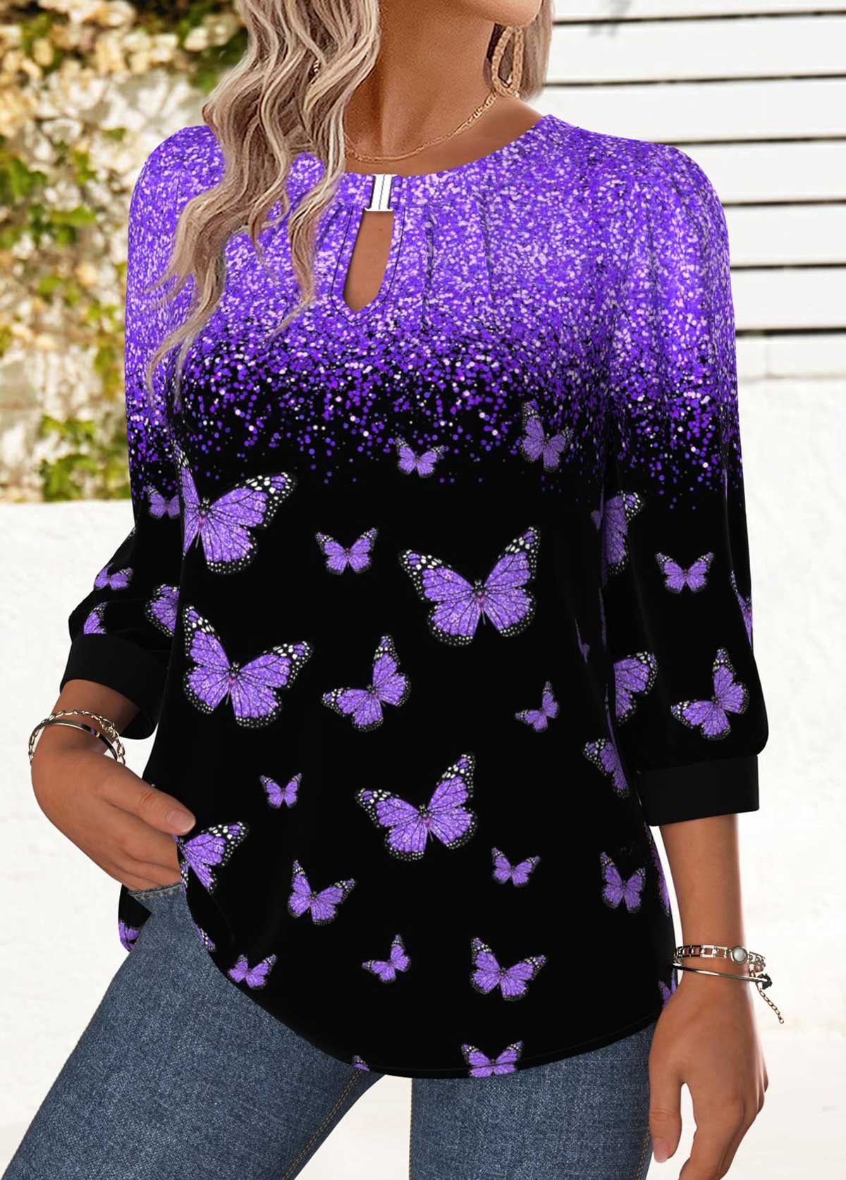 Animal Print Tummy Coverage Purple 3/4 Sleeve Blouse