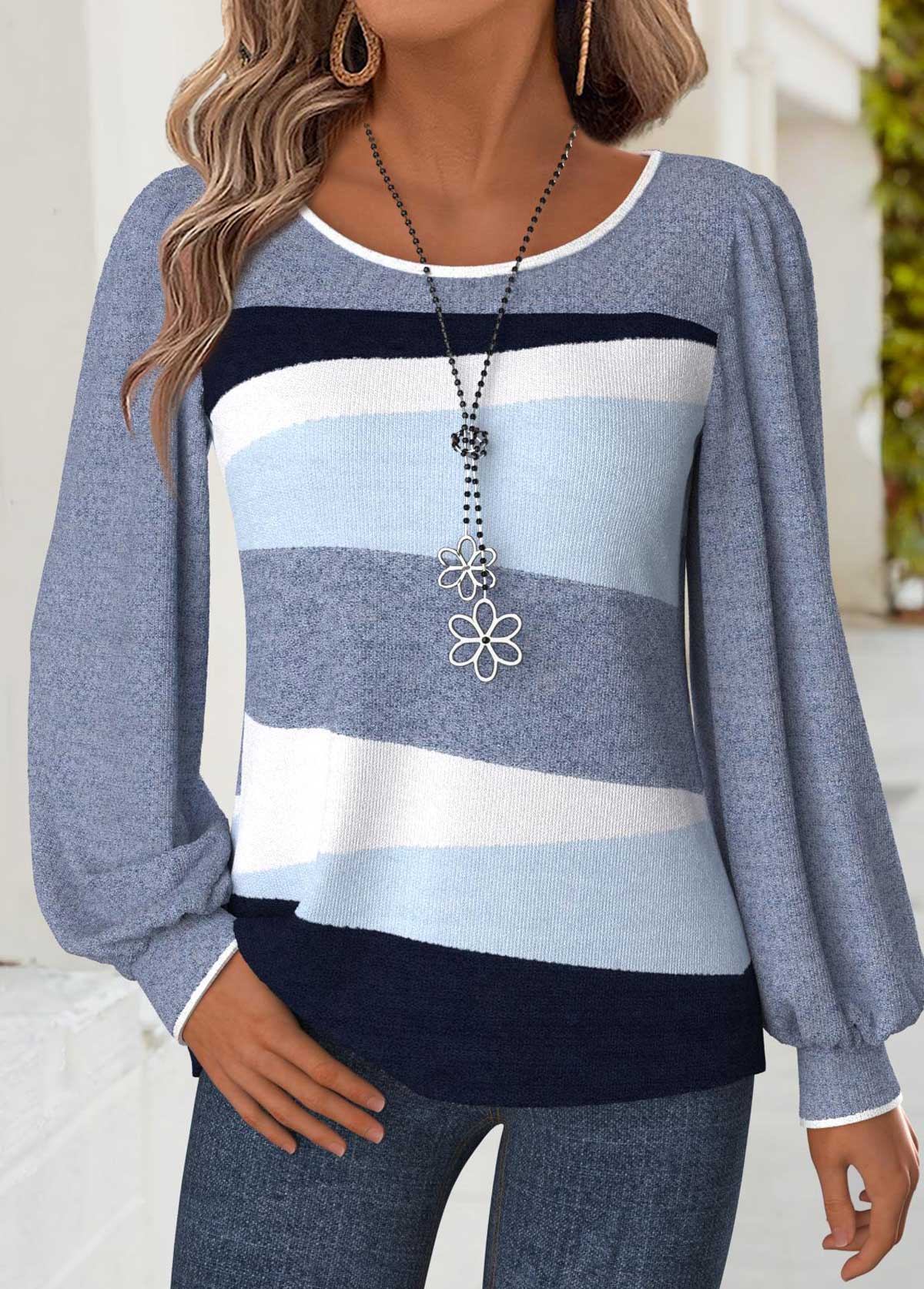 Geometric Print Tummy Coverage Blue Long Sleeve T Shirt