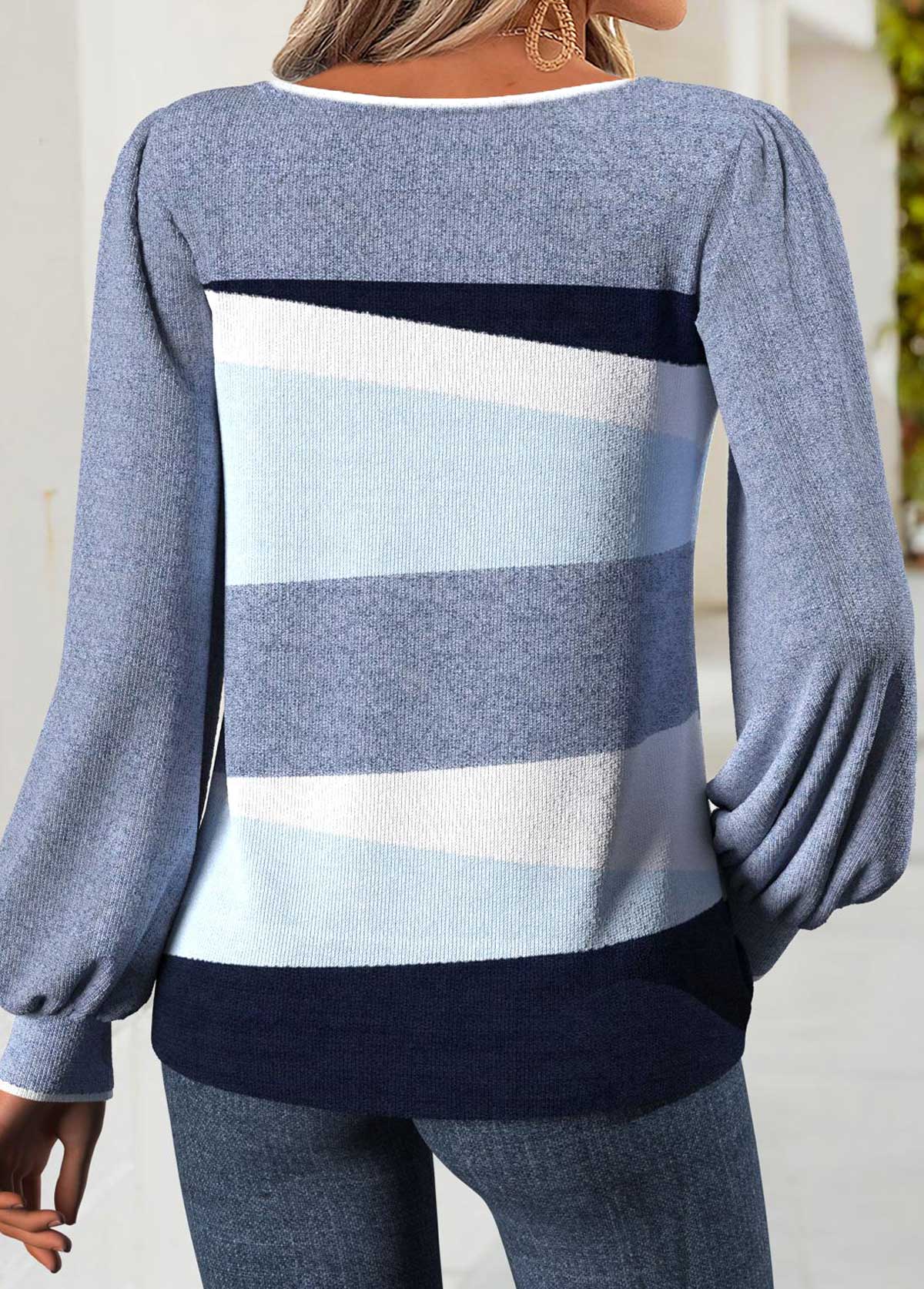 Geometric Print Tummy Coverage Blue Long Sleeve T Shirt