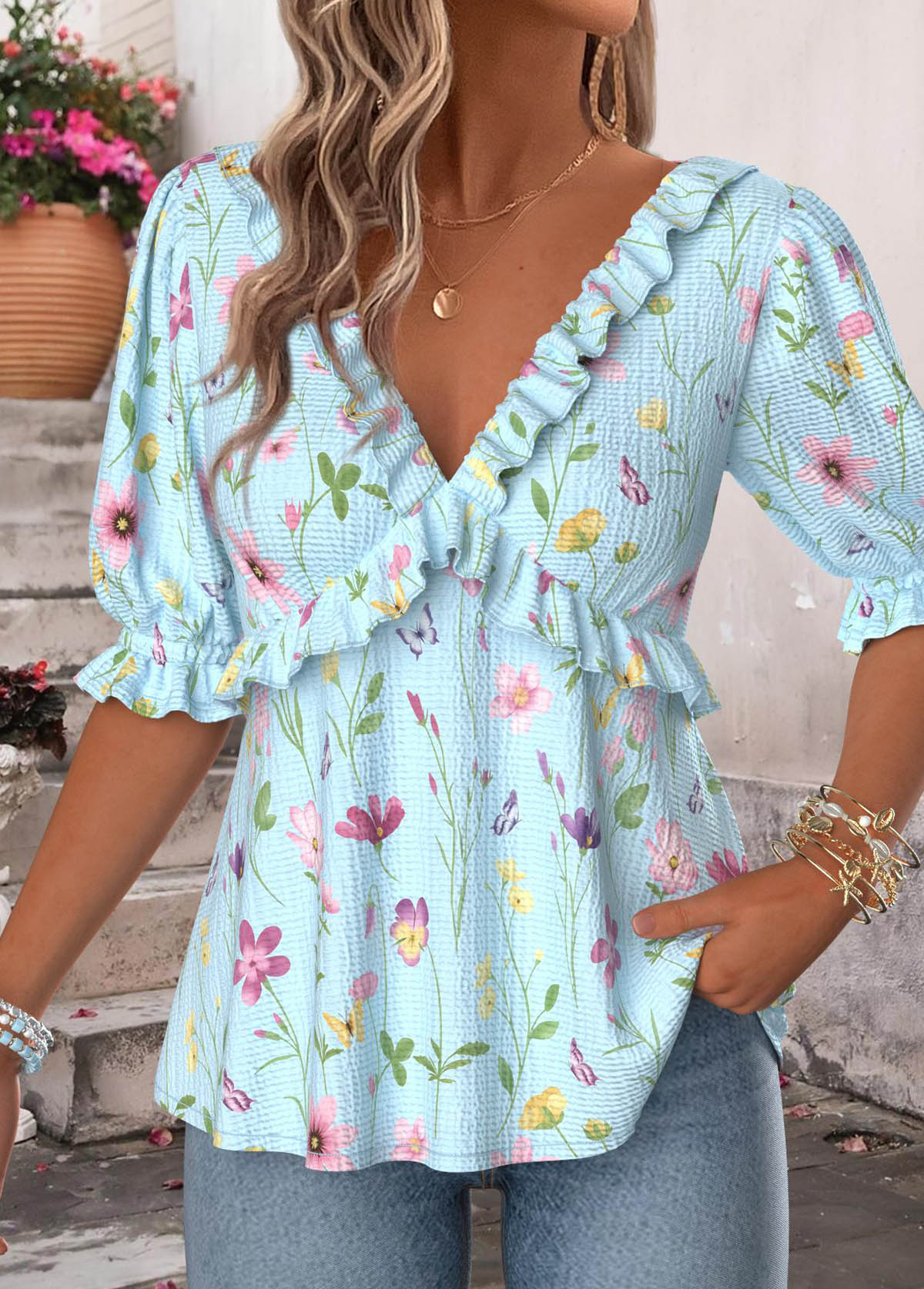 Floral Print Ruffle Light Blue Half Sleeve Blouse