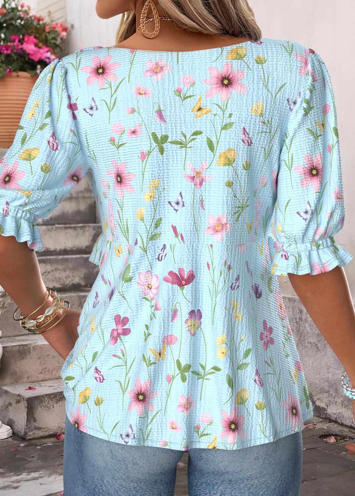 Floral Print Ruffle Light Blue Half Sleeve Blouse