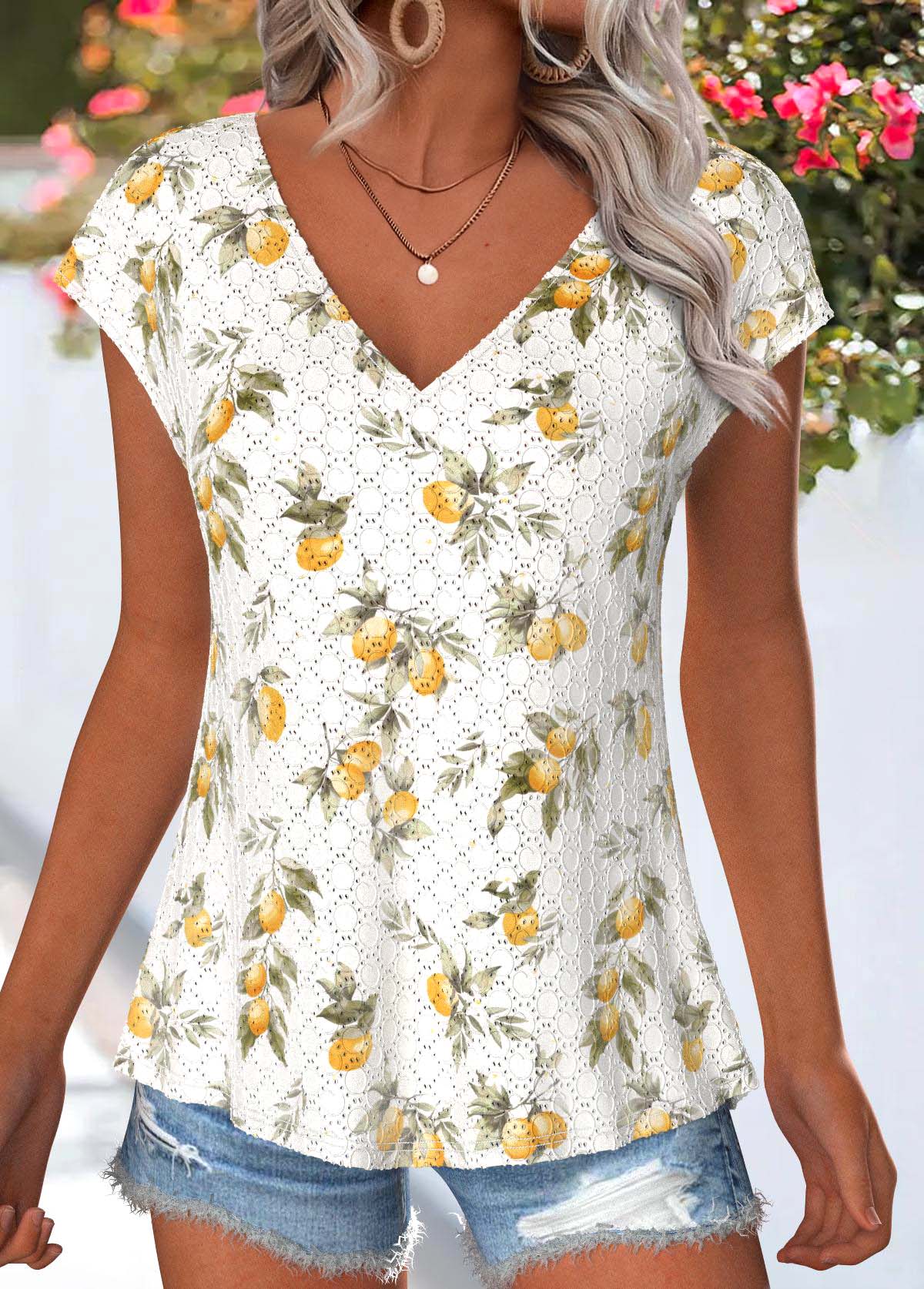 Plants Print Tummy Coverage Light Yellow T Shirt