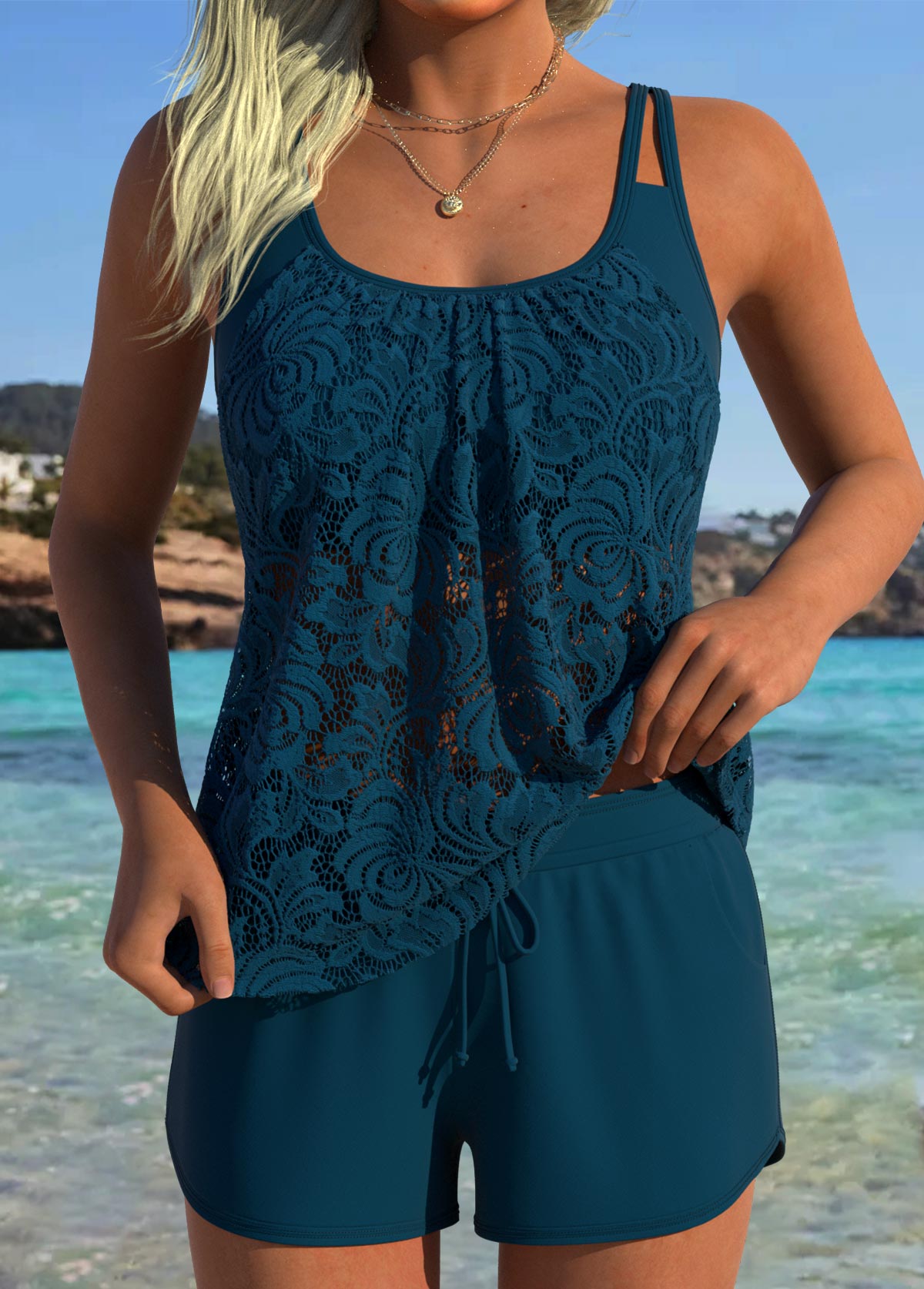 Mid Waisted Tummy Coverage Peacock Blue Tankini Set