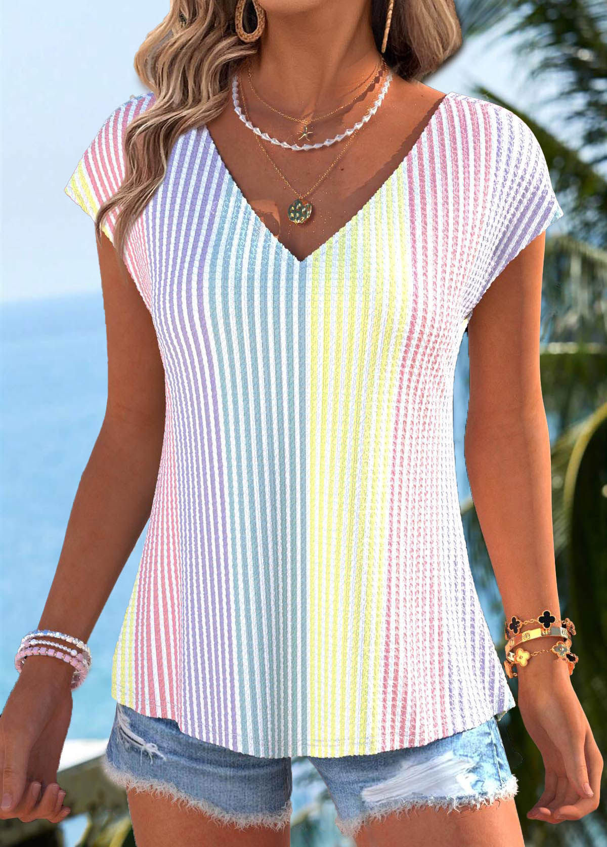 Striped Bowknot Multi Color Short Sleeve T Shirt