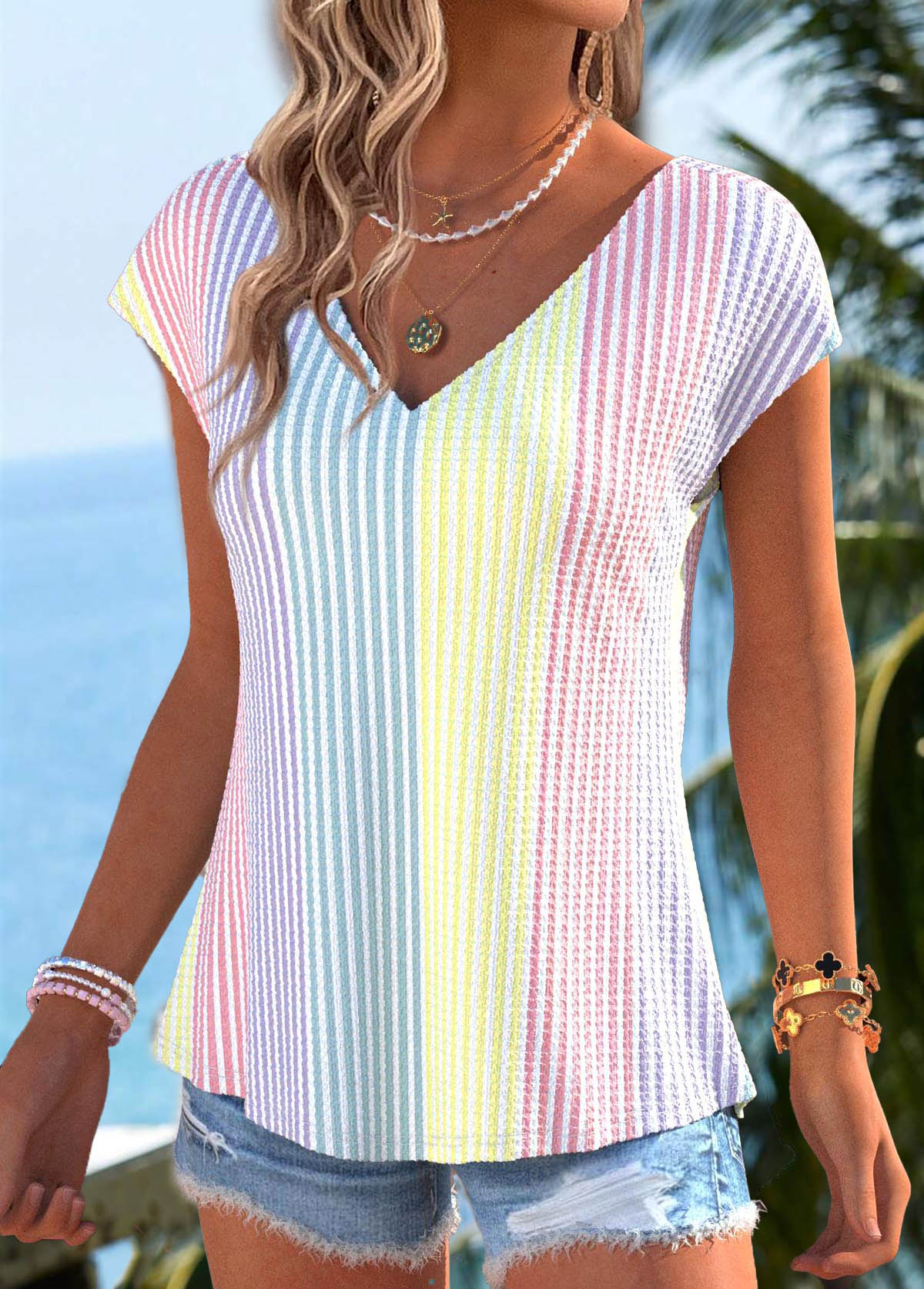 Striped Bowknot Multi Color Short Sleeve T Shirt