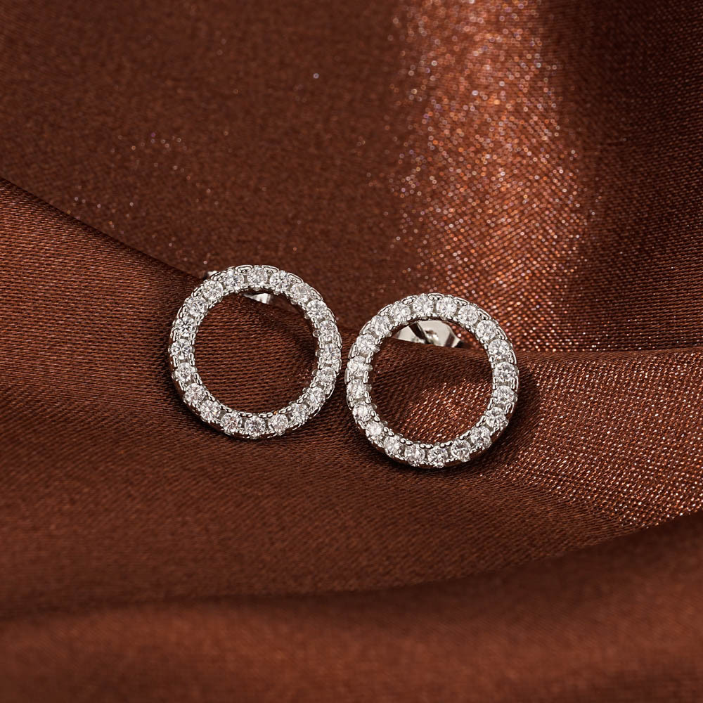 Silver Zircon Round Circle Copper Earrings