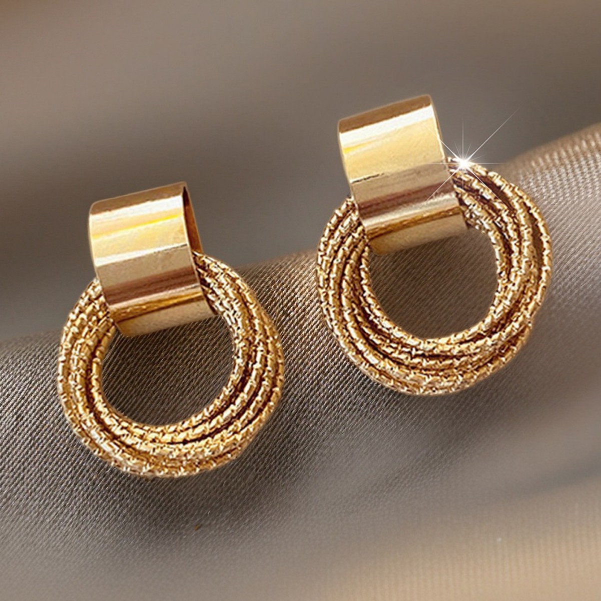 Golden Scrunchie Geometric Design Copper Earrings