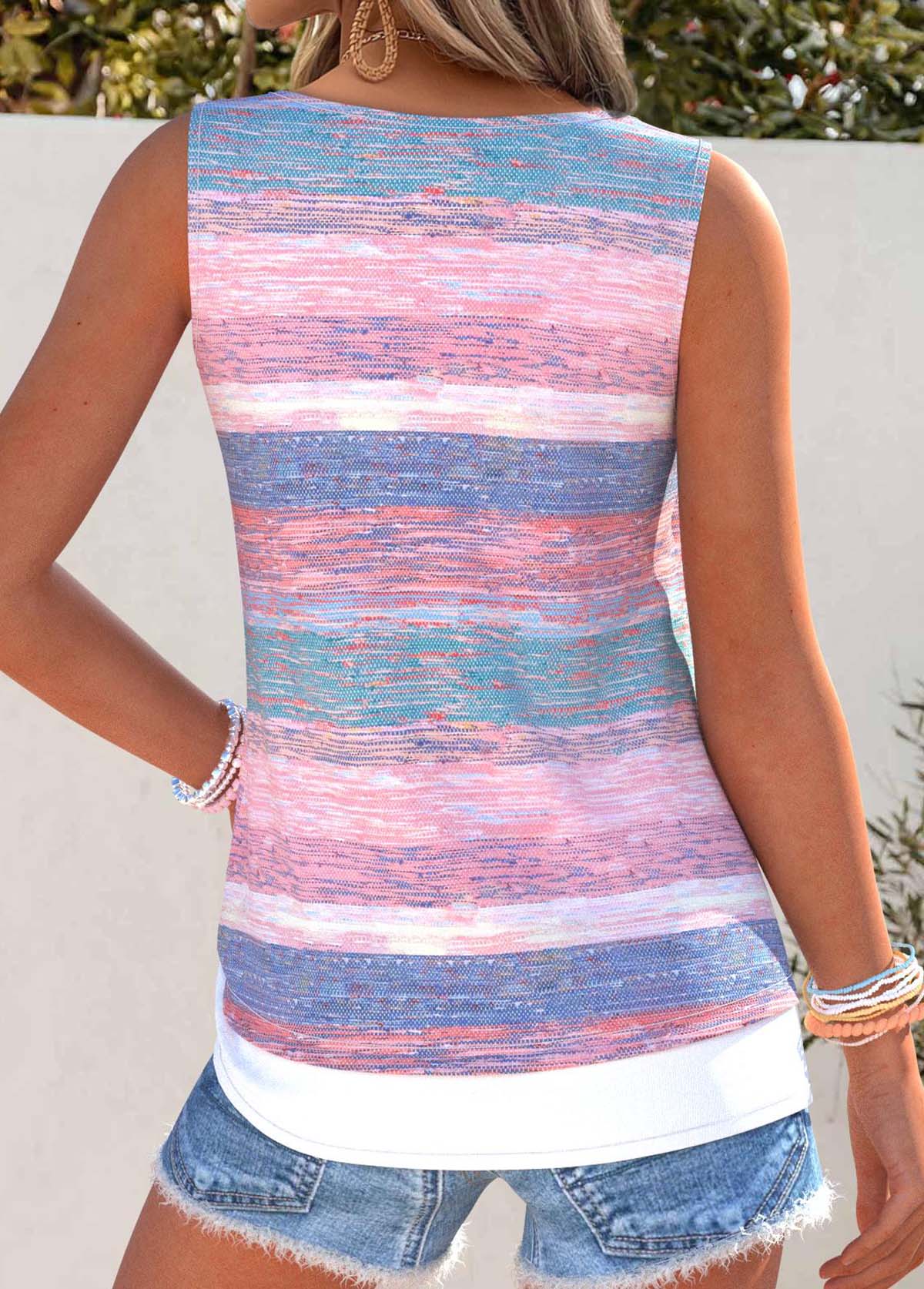 Striped Tummy Coverage Pink Sleeveless Scoop Neck Tank Top