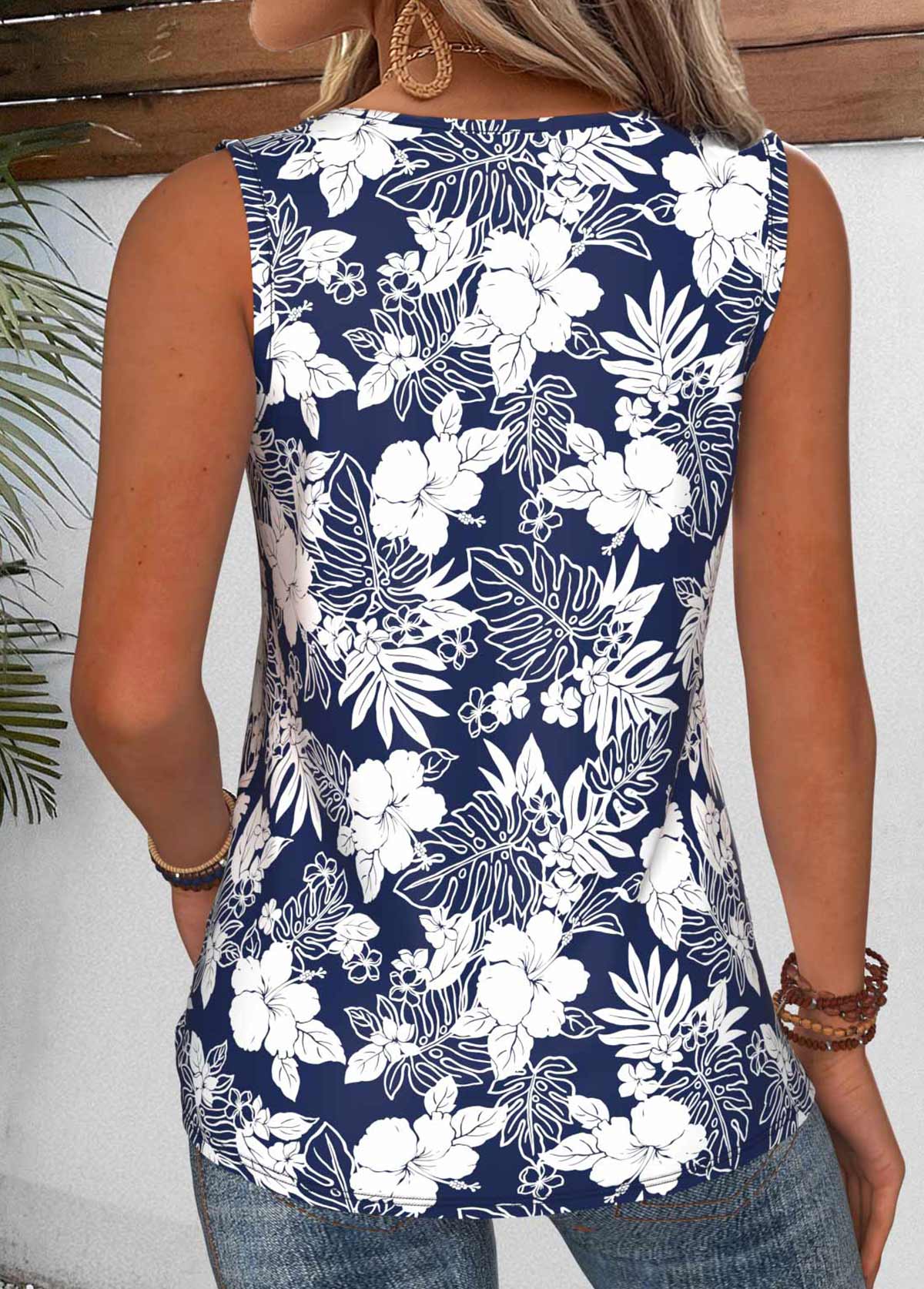 Floral Print Tummy Coverage Navy Sleeveless Tank Top