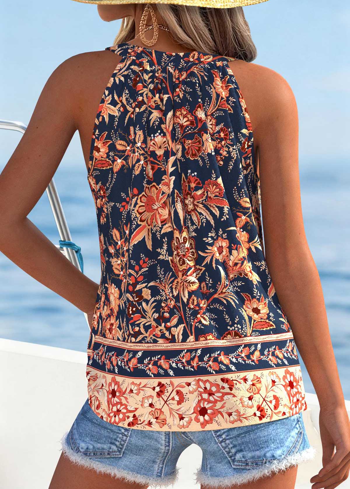 Floral Print Shirred Multi Color Sleeveless Tank Top
