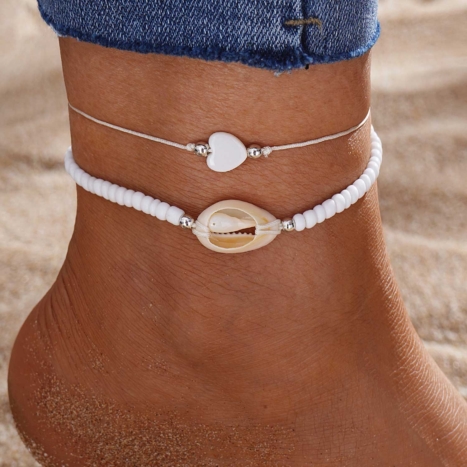 Beige Color Shell Detail Adjustable Anklets