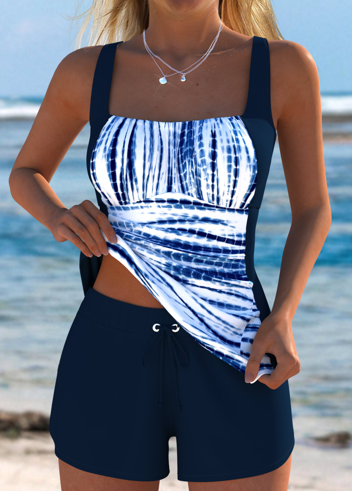 Mid Waisted Tie Dye Print Tummy Coverage Tankini Set