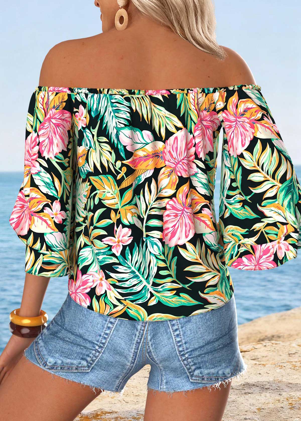 Tropical Plants Print Tummy Coverage Multi Color Blouse