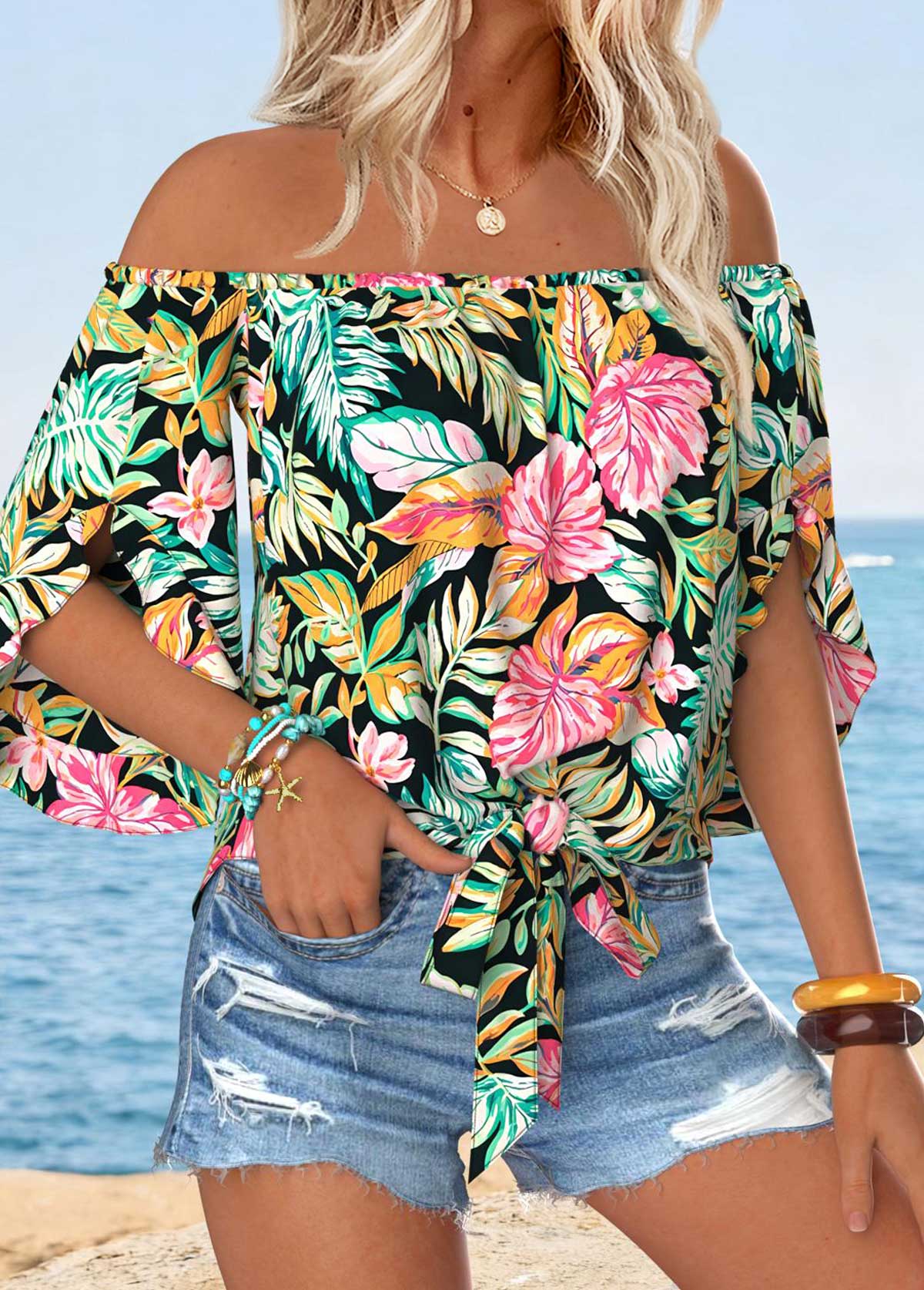 Tropical Plants Print Tummy Coverage Multi Color Blouse