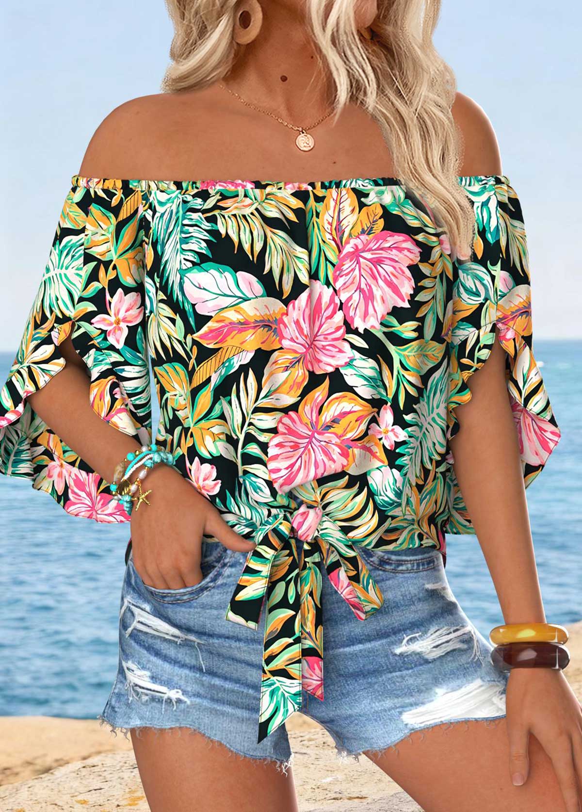 Tropical Plants Print Tummy Coverage Multi Color Blouse