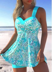 Plus Size Mid Waisted Cyan Leaf Print Tankini Set