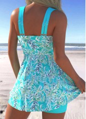 Plus Size Mid Waisted Cyan Leaf Print Tankini Set