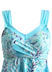 Plus Size Mid Waisted Cyan Leaf Print Tankini Set