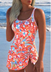 Floral Print Tie Coral One Piece Swimdress