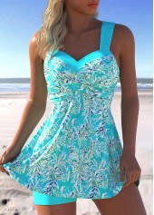 Plus Size Mid Waisted Cyan Leaf Print Tankini Set
