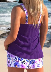 Floral Print Ruched Dark Purple Tankini Set
