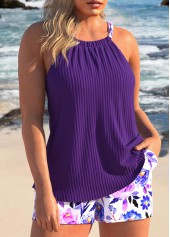 Floral Print Ruched Dark Purple Tankini Set