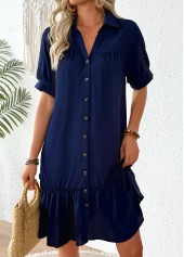 Patchwork Navy Half Sleeve Shirt Collar Dress
