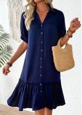 Patchwork Navy Half Sleeve Shirt Collar Dress