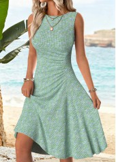 Cyan Shirred Sleeveless Round Neck Dress