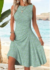 Cyan Shirred Sleeveless Round Neck Dress