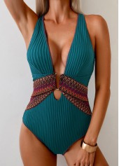 Patchwork Peacock Blue One Piece Swimwear