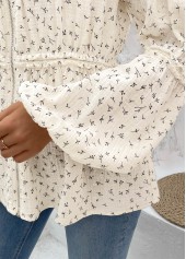 Ditsy Floral Print Peplum Beige Long Sleeve Blouse