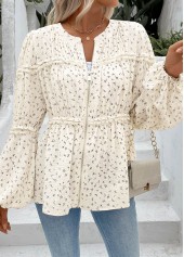 Ditsy Floral Print Peplum Beige Long Sleeve Blouse