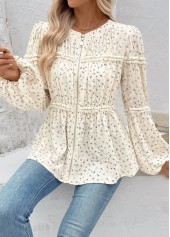 Ditsy Floral Print Peplum Beige Long Sleeve Blouse