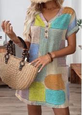 Geometric Print Patchwork Multi Color Short V Neck Dress