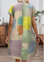 Geometric Print Patchwork Multi Color Short V Neck Dress