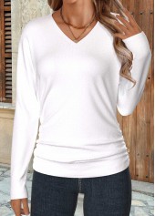 Shirred White Long Sleeve V Neck T Shirt