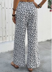 Ditsy Floral Print White Wide Leg Elastic Waist Pants
