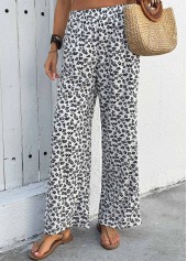 Ditsy Floral Print White Wide Leg Elastic Waist Pants