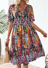 Tribal Print Smocked Multi Color Short Sleeve Dress