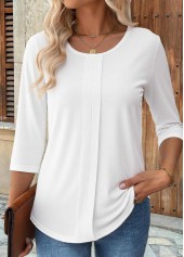 Curved Hem White 3/4 Sleeve Round Neck T Shirt