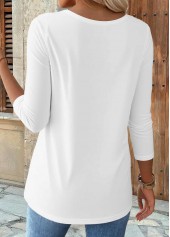 Curved Hem White 3/4 Sleeve Round Neck T Shirt