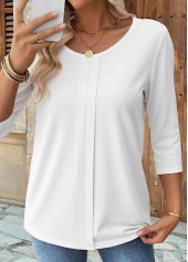 Curved Hem White 3/4 Sleeve Round Neck T Shirt