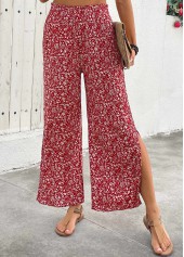 Ditsy Floral Print Flowy Wine Red Wide Leg Pants