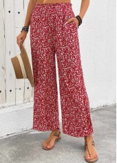 Ditsy Floral Print Flowy Wine Red Wide Leg Pants