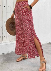 Ditsy Floral Print Flowy Wine Red Wide Leg Pants